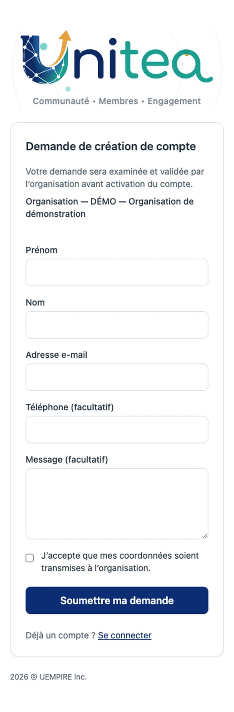 Écran mobile UniTea « Demande de création de compte » : la demande sera examinée et validée par l’organisation avant activation du compte ; champs prénom, nom, adresse e-mail, téléphone et message facultatifs, consentement, bouton « Soumettre ma demande ».