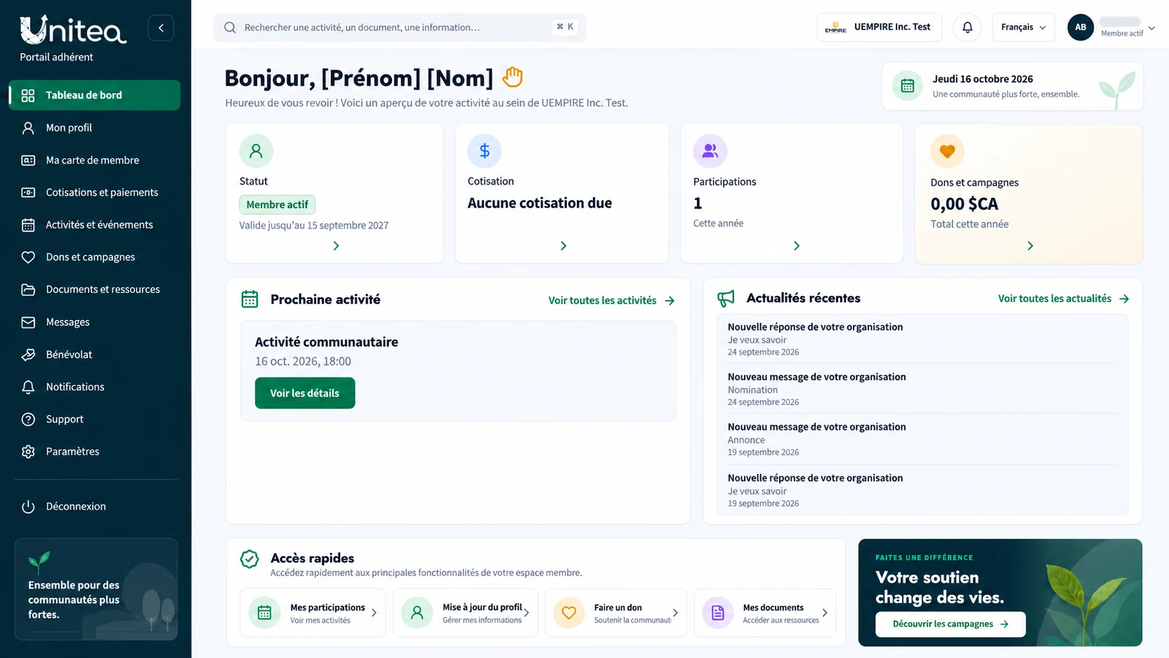 Portail adhérent UniTea : statut « Membre actif » et date de validité, cotisation, participations de l’année, dons et campagnes, prochaine activité, actualités récentes et accès rapides.