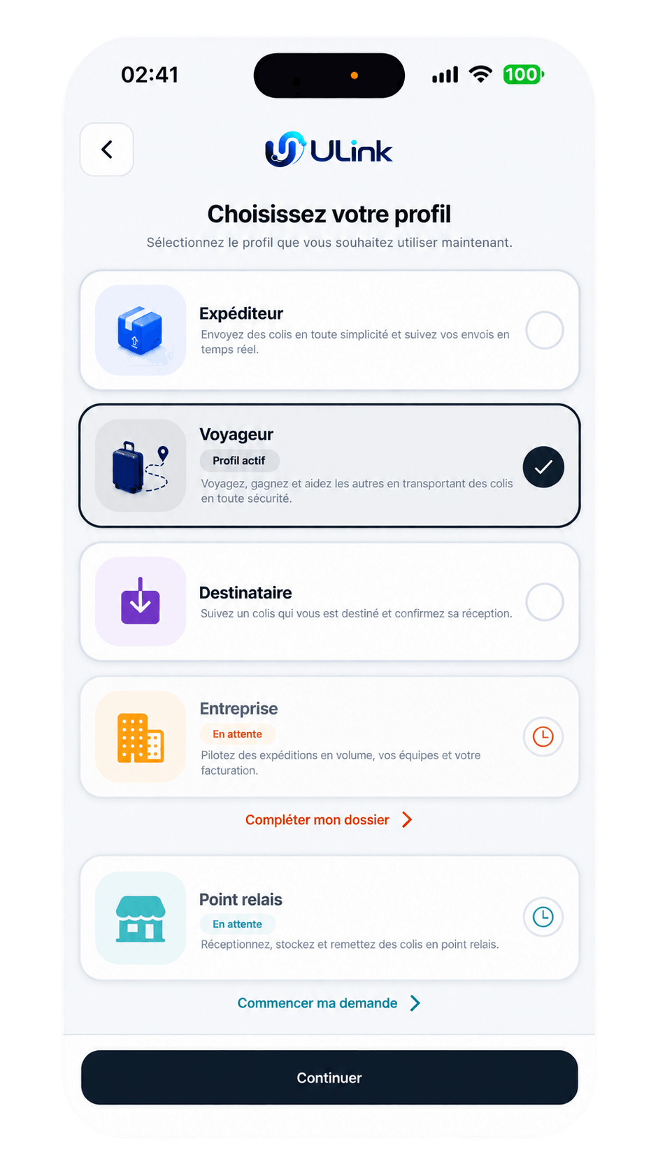 ULink app profile selection screen (French interface): Sender, Traveler (active profile), Receiver, Business and Relay point.