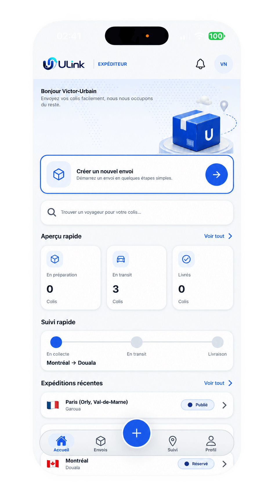 ULink app Sender dashboard (French interface): create a new shipment, find a traveler, parcel overview, Montréal → Douala tracking and recent shipments.