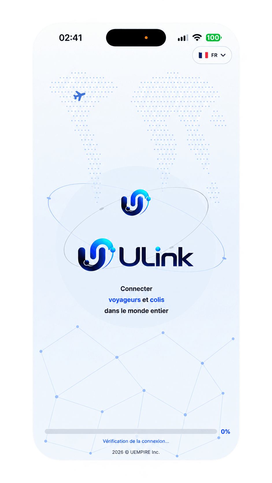 ULink app opening screen (French interface): the ULink logo over a world map, “Connecting travelers and parcels worldwide”.