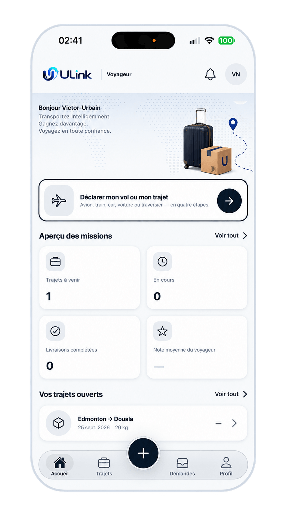 ULink app Traveler dashboard (French interface): declare a flight or trip, mission overview and open trips.