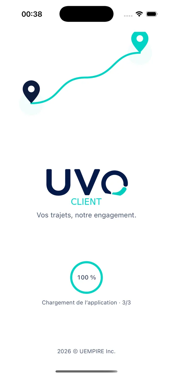 Écran de lancement de l’application UVO Client : un trajet entre deux repères, « Vos trajets, notre engagement. »
