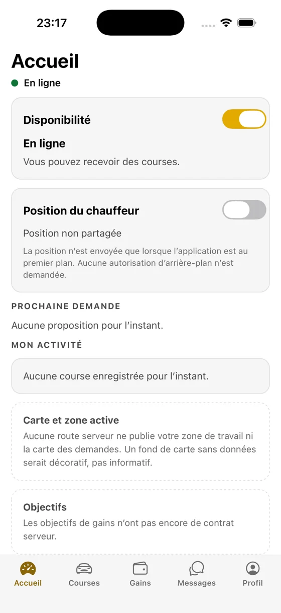 Accueil de l’application UVO Driver : disponibilité « En ligne » et position du chauffeur.